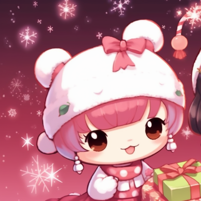 Two characters tossing presents, with snowflakes and Christmas lights illuminating the scene. cute and adorable my melody christmas pfp pfp for discord.