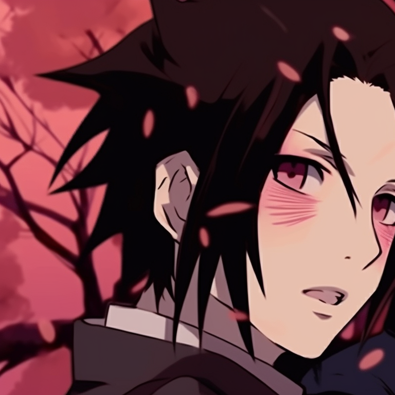 Black silhouettes of Sasuke and Sakura, their eyes and Halloween costumes only color elements, minimalist style sasuke and sakura spooky halloween profiles pfp for discord.