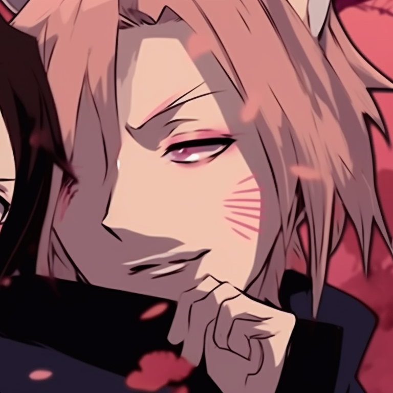 Black silhouettes of Sasuke and Sakura, their eyes and Halloween costumes only color elements, minimalist style sasuke and sakura spooky halloween profiles pfp for discord.