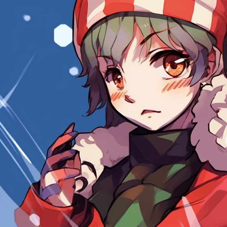Two characters, warm lights in a snowy background, hint of smiles, anime christmas demon slayer pfps pfp for discord.