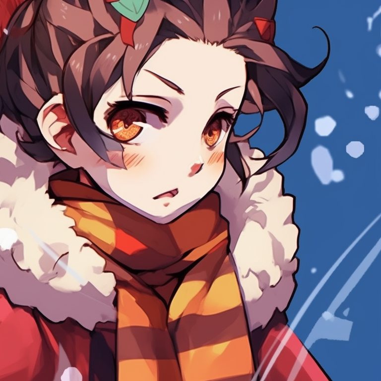 Two characters, warm lights in a snowy background, hint of smiles, anime christmas demon slayer pfps pfp for discord.
