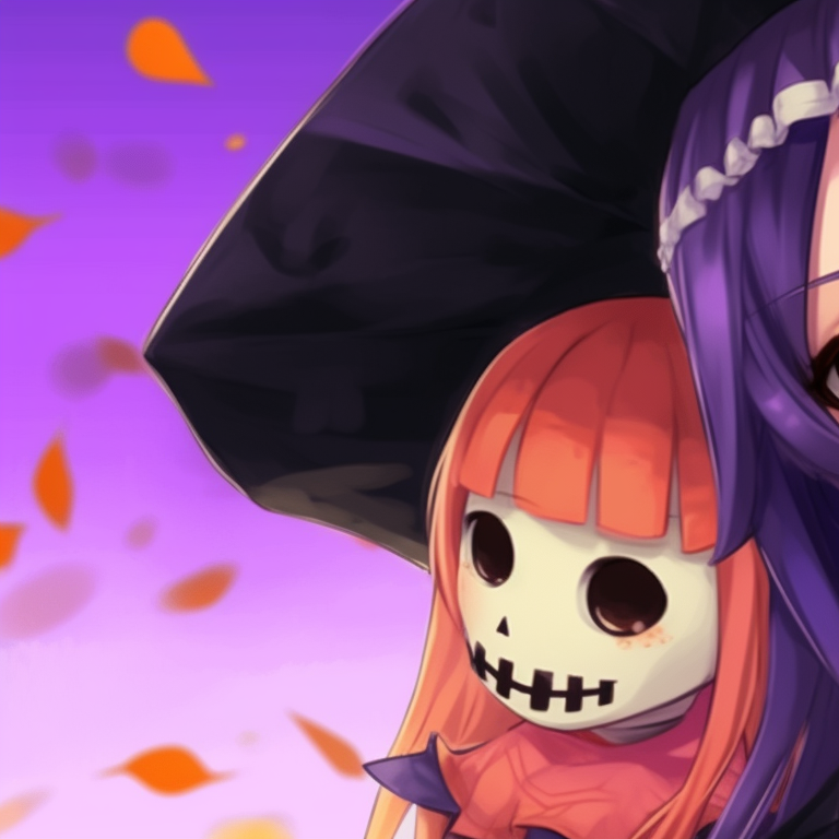 Obanai and Mitsuri among a pumpkin patch, earthy tones contrast with their hued costumes. mitsuri and obanai themed halloween matching pfps pfp for discord.