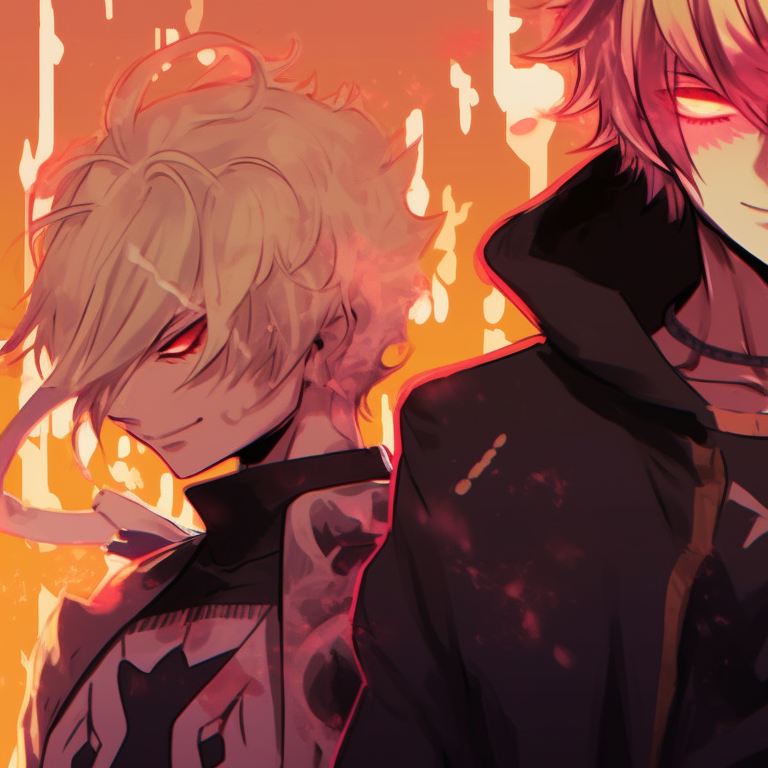 Three characters in battle stances, sunset hues, dynamic lines and intense looks. cool matching trio pfp designs pfp for discord.