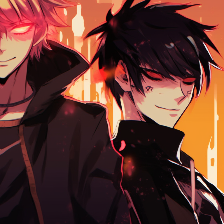 Three characters in battle stances, sunset hues, dynamic lines and intense looks. cool matching trio pfp designs pfp for discord.