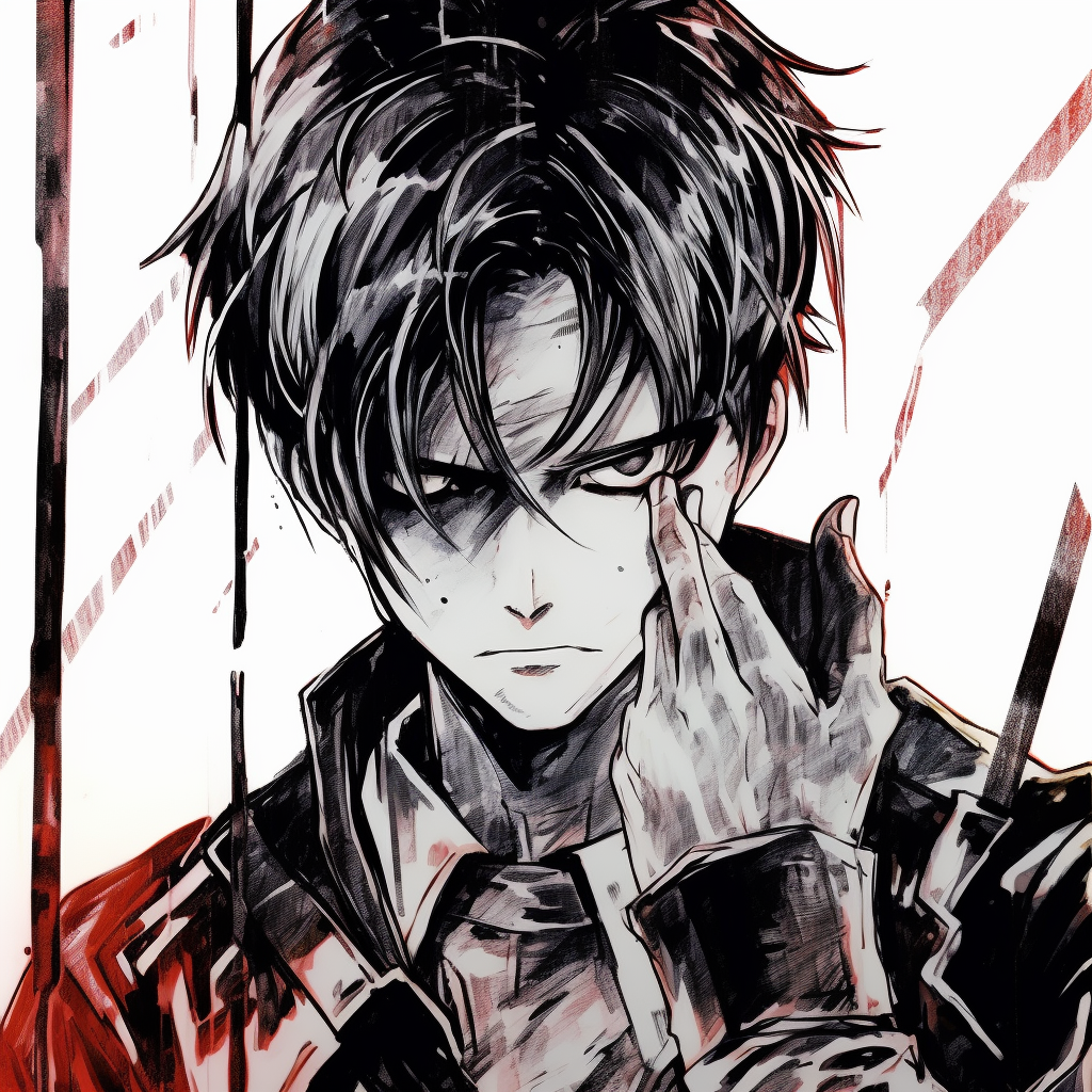Featuring Levi Ackerman in close-up, highlighting his distinctive eyes and hair, clean lines and bold shading. top rated manga anime pfp pfp for discord.