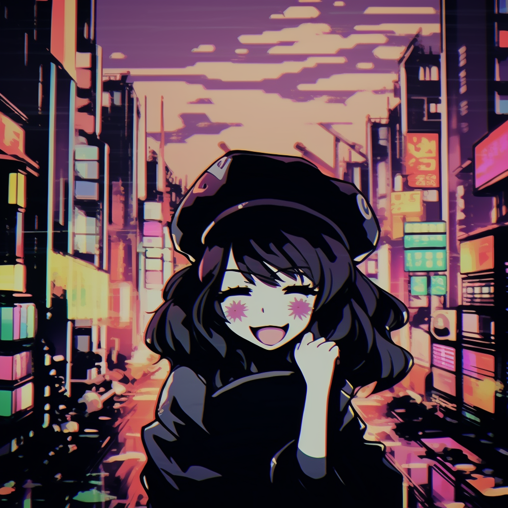 Anime depiction of a city in vibrant vaporwave aesthetics, highlighting bold colors and sleek buildings. examples of aesthetic anime pfp anime pfp