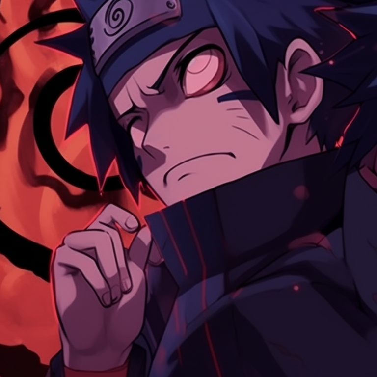 Profile view of Naruto and Sasuke, intense gaze, the Sharingan and Rinnegan eyes lit against the Halloween night. sharingan and rinnegan naruto, sasuke halloween pfp pfp for discord.