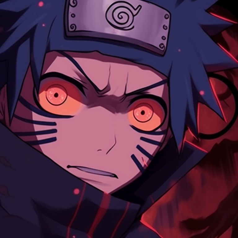 Profile view of Naruto and Sasuke, intense gaze, the Sharingan and Rinnegan eyes lit against the Halloween night. sharingan and rinnegan naruto, sasuke halloween pfp pfp for discord.