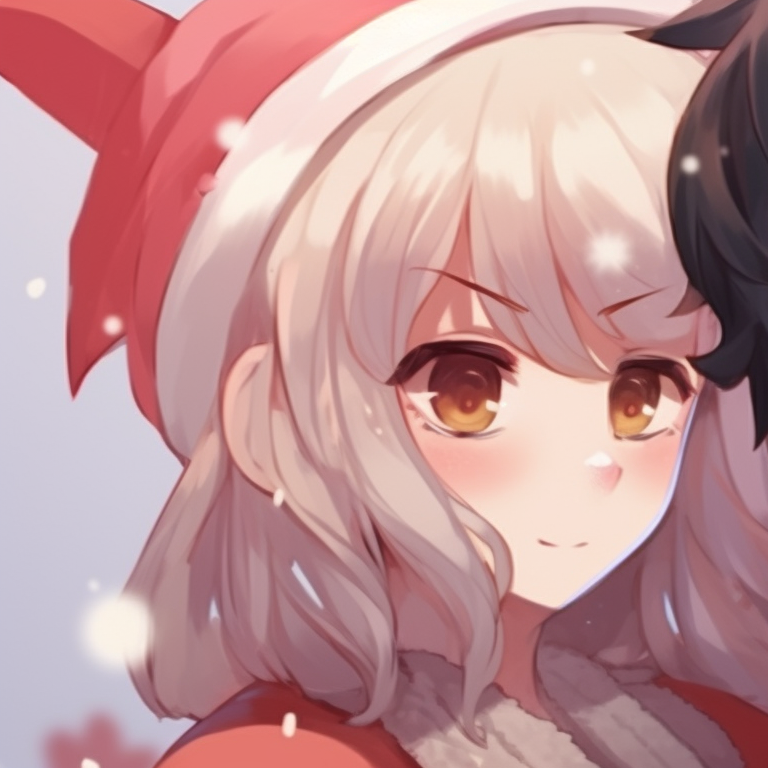 Two characters in the snow, vivid colors and blushes, holding hands. matching cute christmas pfp aesthetic ideas pfp for discord.