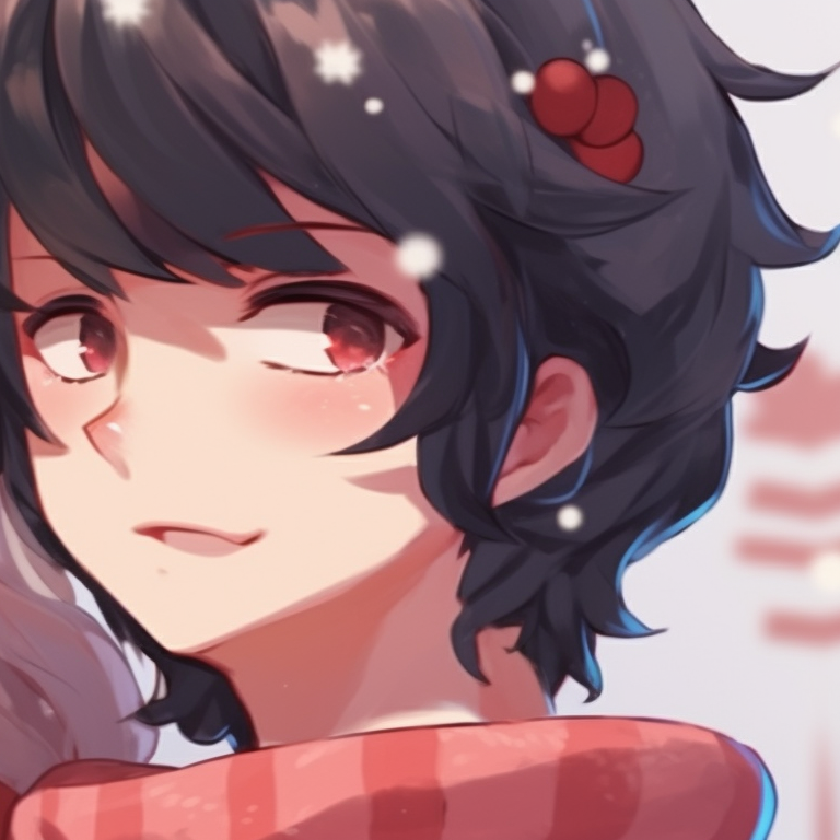 Two characters in the snow, vivid colors and blushes, holding hands. matching cute christmas pfp aesthetic ideas pfp for discord.