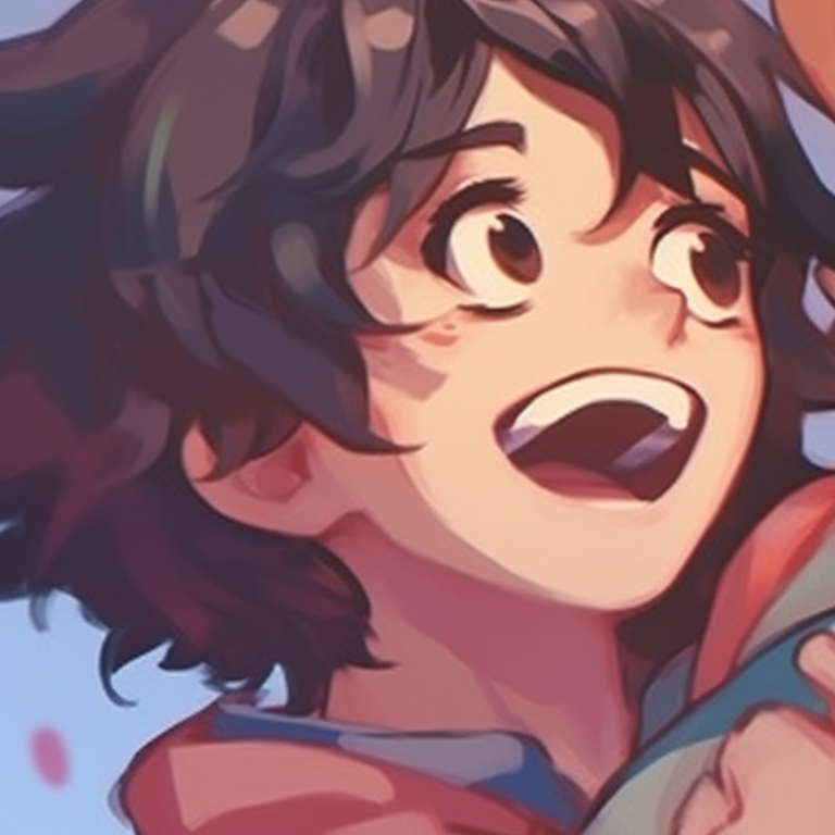 Two anime characters with matching outfits, soft pastel color palette, sharing a joke. pfp ideas for matching with laughter pfp for discord.