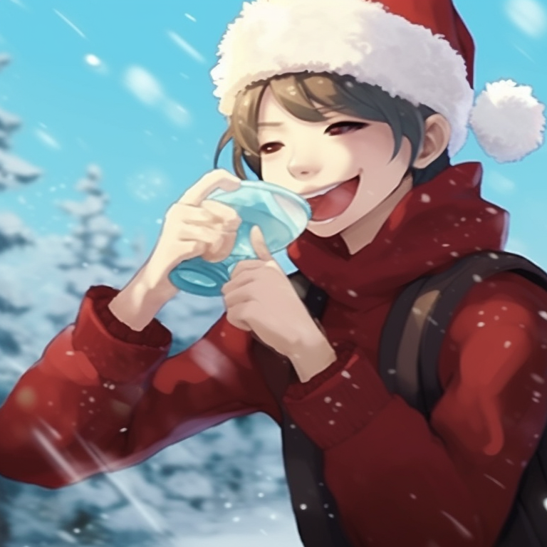 Two characters exchanging gifts, detailed clothing textures and expressive facial features. joyful matching christmas pfp felix pfp for discord.