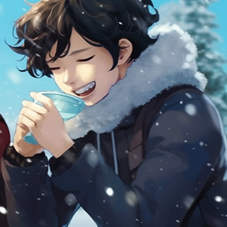 Two characters exchanging gifts, detailed clothing textures and expressive facial features. joyful matching christmas pfp felix pfp for discord.