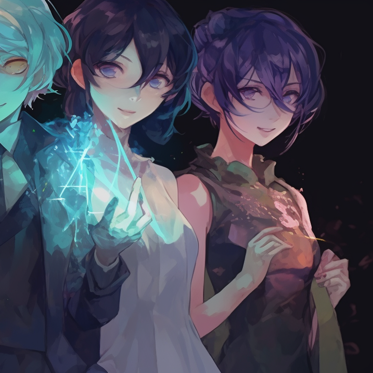 Close up of four characters, detailed expressions and intense stares. unique matching pfp for 4 friends pfp for discord.