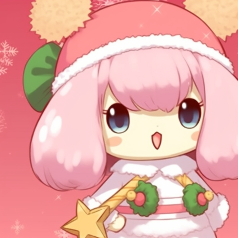Characters sharing a candy cane, pastel colors and gentle snow falling. cute and adorable my melody christmas pfp pfp for discord.