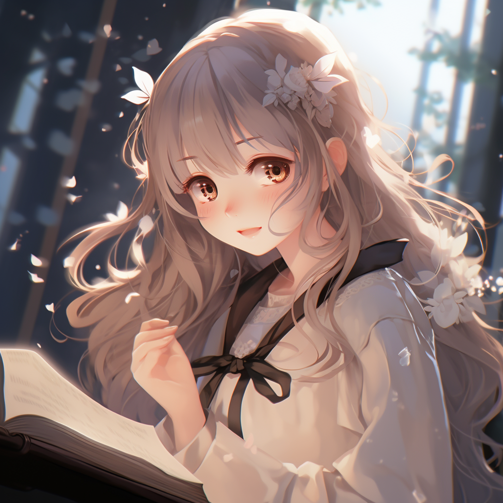 Anime portrait of a magic-themed girl reading a spell book, bright colors and detailed patterns. innovative girl anime pfp