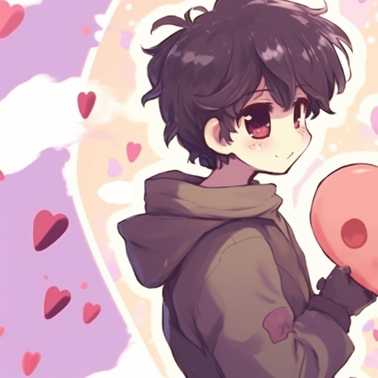 Two characters clasping hands, love hearts motifs, and pastel backdrop. creating cute pfp match pfp for discord.
