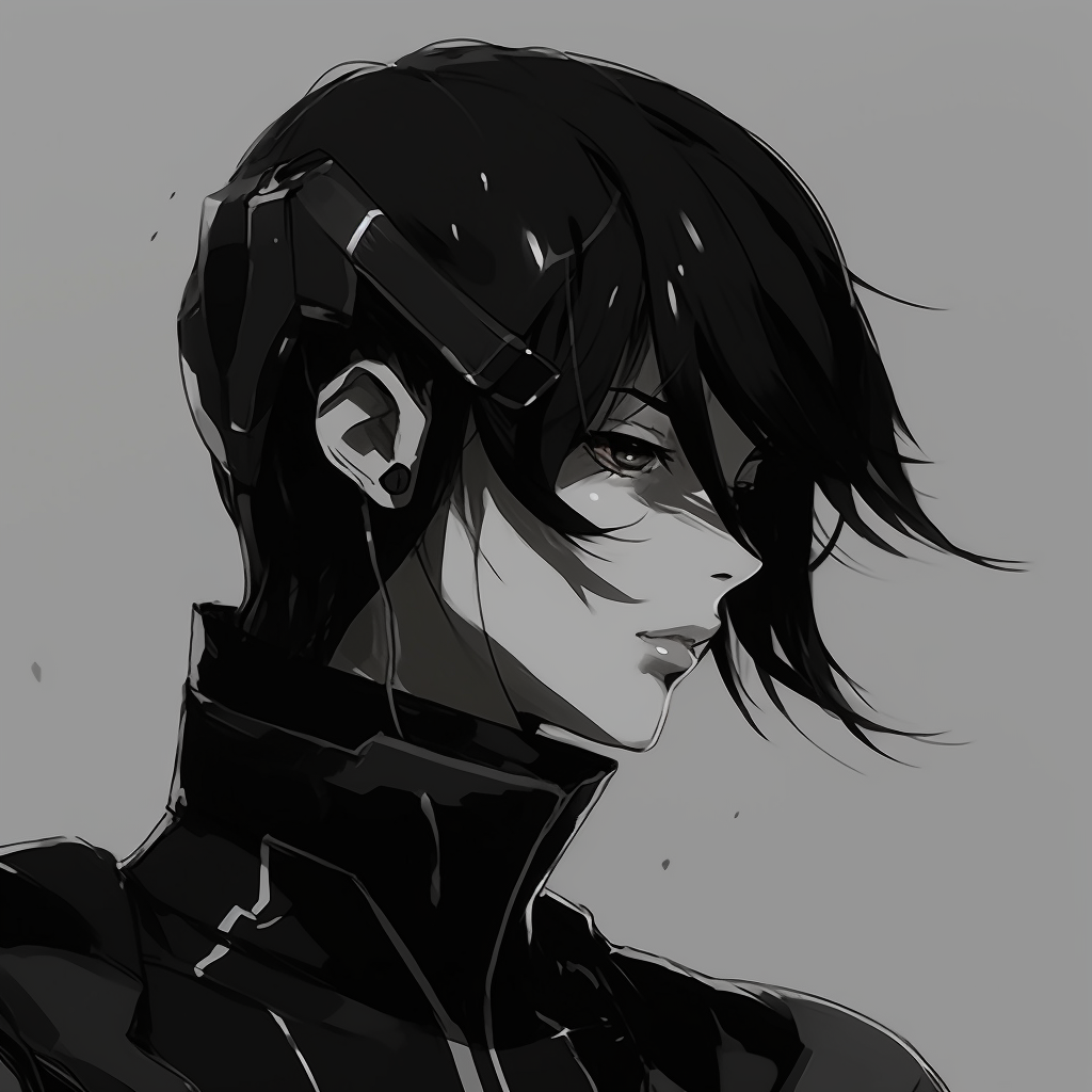 Manga artist character, minimalist black and white theme with exaggerated hair. anime black pfp for boys pfp for discord.