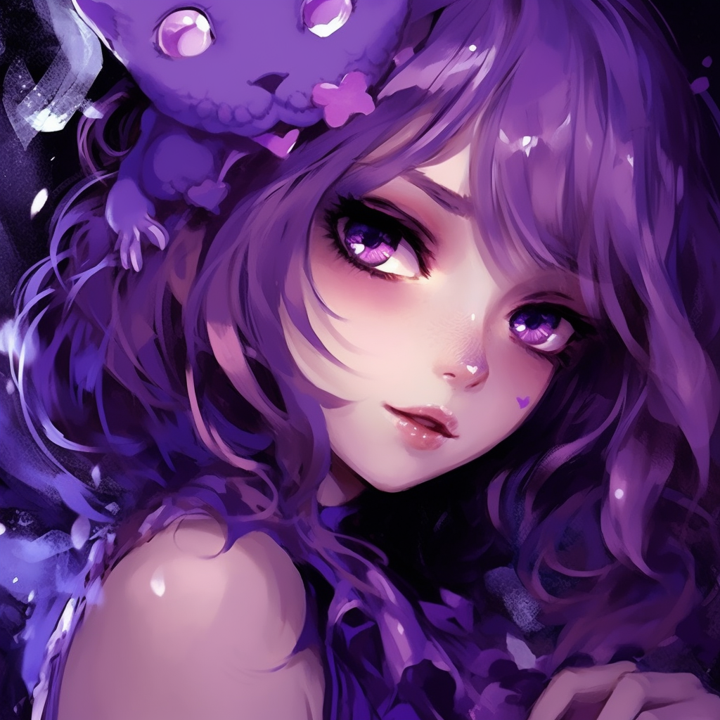 Intense anime sorceress, vibrant purple tones and miracle features. elegant purple anime pfp girls