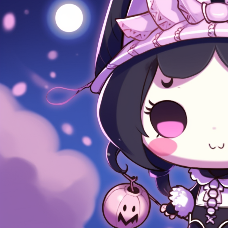 Kuromi characters under a night sky, featuring luminous moon and dark tones. kuromi matching pfp halloween theme accessories pfp for discord.