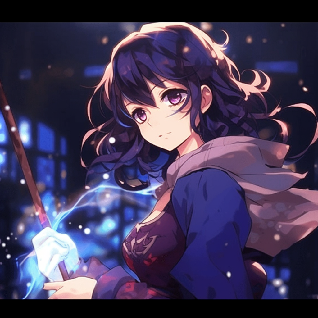 An Anime girl pose with a magical wand, sparkling stars and rich blues and purples. anime girl pfp gif collection