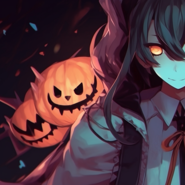 Two characters, one in a witch outfit, another dressed as a pumpkin, set against a candy-filled background. anime halloween matching pfp themes pfp for discord.