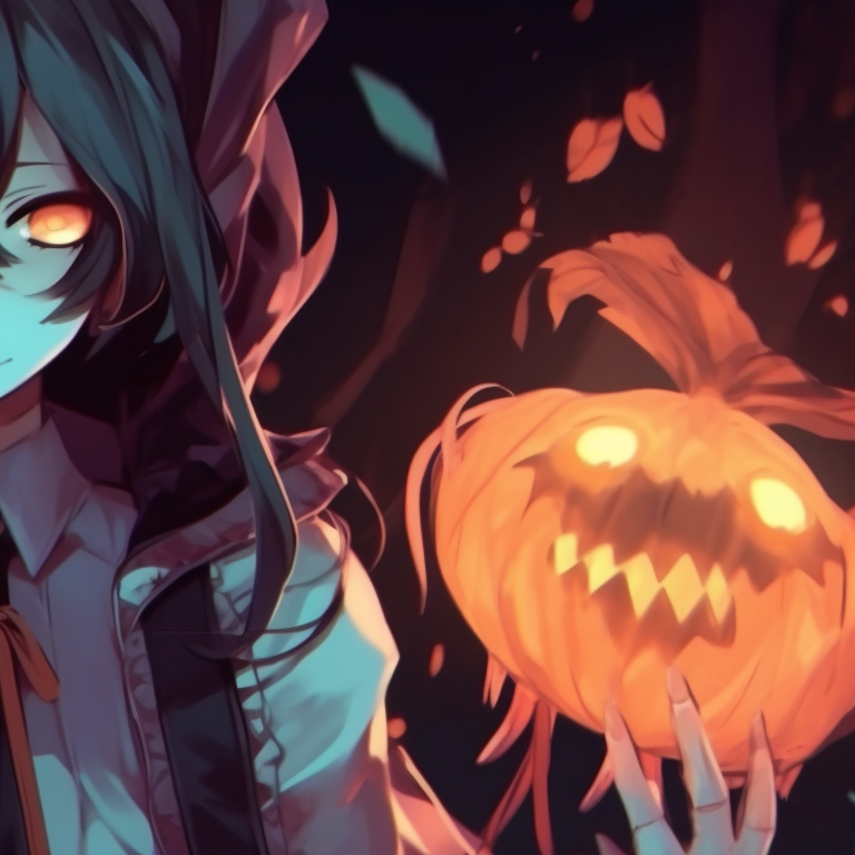 Two characters, one in a witch outfit, another dressed as a pumpkin, set against a candy-filled background. anime halloween matching pfp themes pfp for discord.