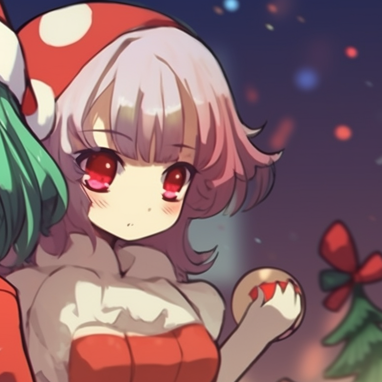 Two characters, dressed in festive outfits, red and green color palette, standing side by side. matching christmas meme pfp designs pfp for discord.
