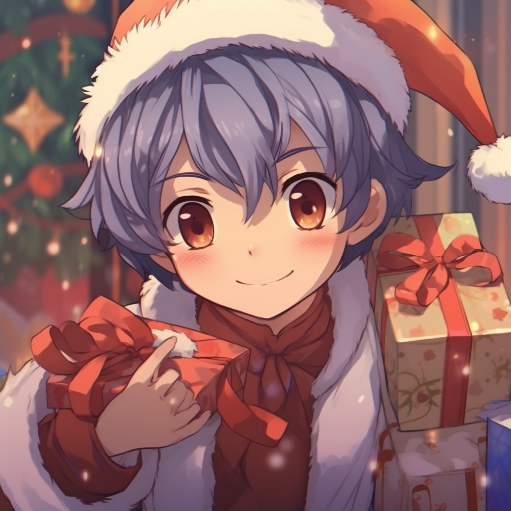 Scene of Anime boy surrounded by snowflakes, soft shading and pastel colors. anime boy christmas pfp
