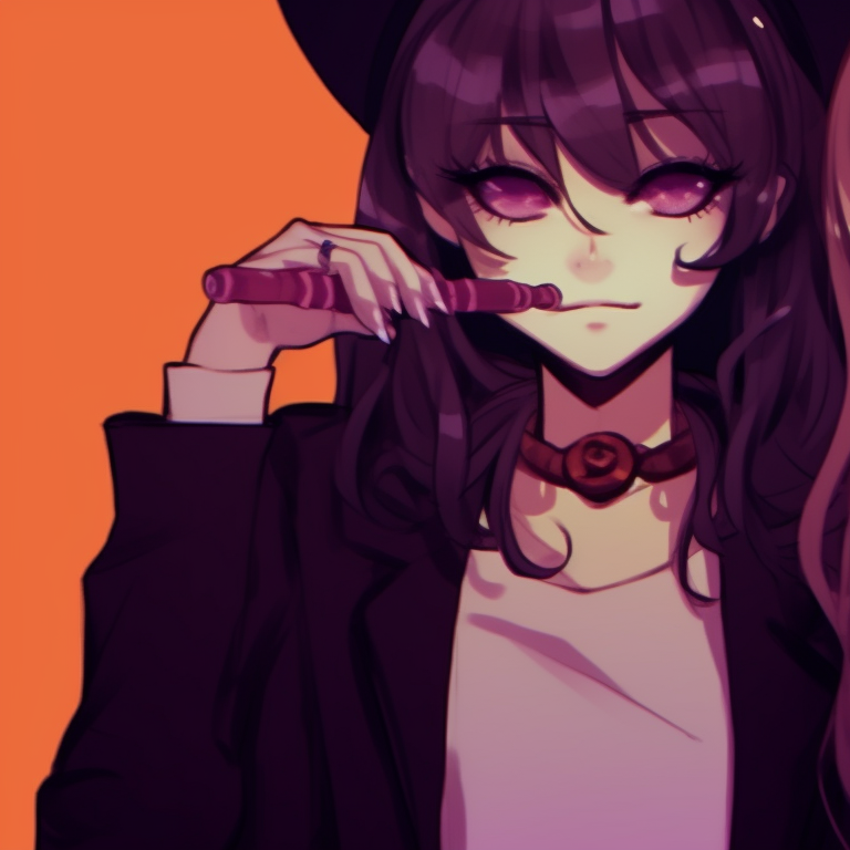 Two K-pop idols in spooky Halloween attires, set with color palette featuring deep purples and blacks. guide to creating kpop matching pfp halloween theme pfp for discord.