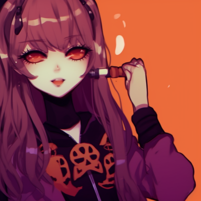 Two K-pop idols in spooky Halloween attires, set with color palette featuring deep purples and blacks. guide to creating kpop matching pfp halloween theme pfp for discord.
