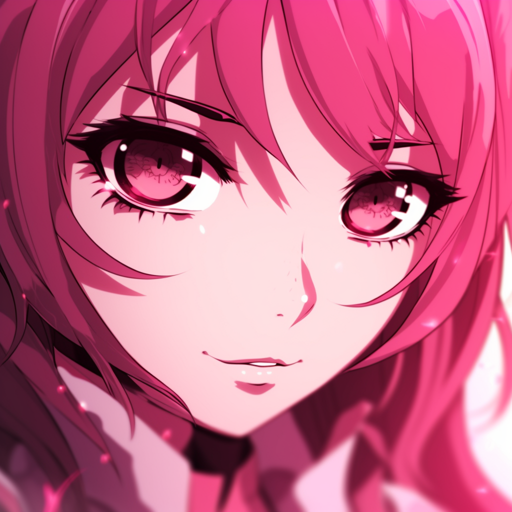 Close-up of an anime character's face, deep pink hues and bold black outlines. dark tones in pink anime pfp