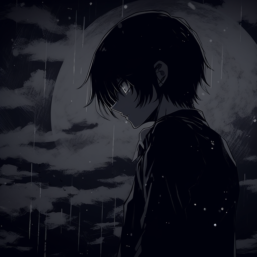 A character in a midnight setting, expressing a melancholic mood through use of dark, monochromatic colors and backlit techniques. darkness anime pfp characters pfp for discord.