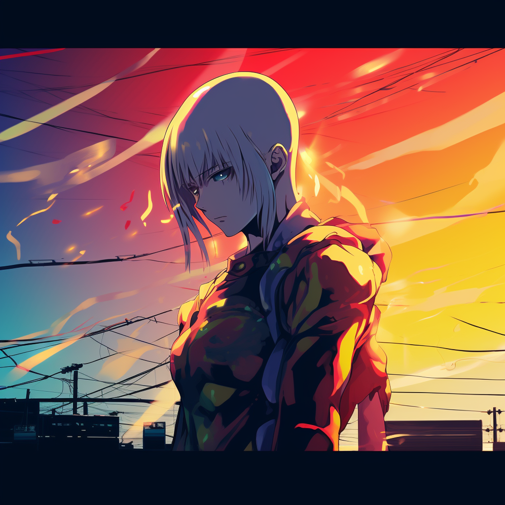 Saitama's fist in focus, intense details on the hand's structure and shading. 4k anime art profile photos