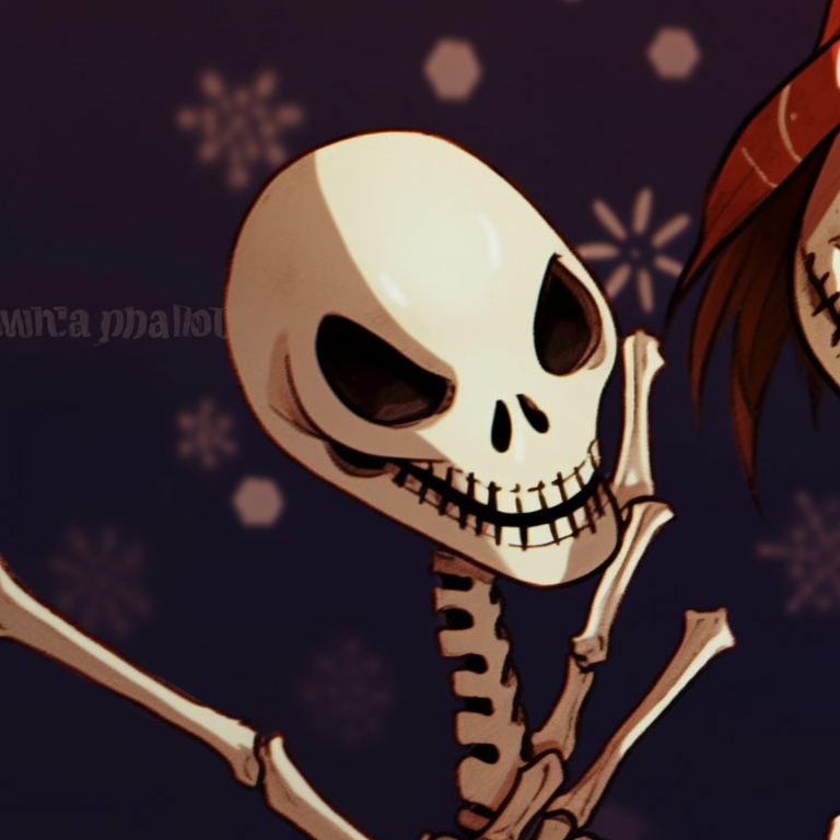 Close-up of two skeletal faces, one with a Santa's hat and another with reindeer horns, against a holly decorated background. ideal matching christmas skeleton pfp pfp for discord.