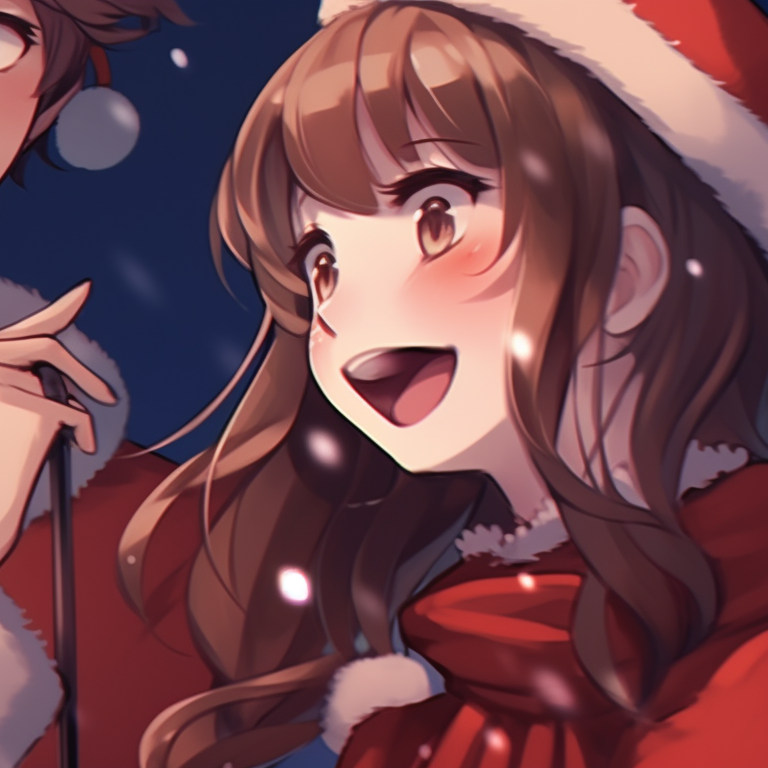 Two characters in whimsical attire, pastel hues and dynamic poses, dancing in the snowfall. the best matching cute aesthetic christmas pfp for use pfp for discord.