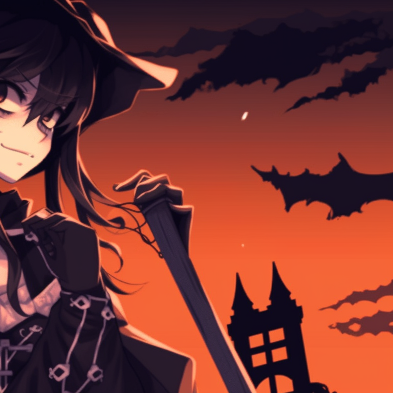 Two characters in Halloween costumes with a moonlit graveyard in the background. anime halloween pfp ideas pfp for discord.