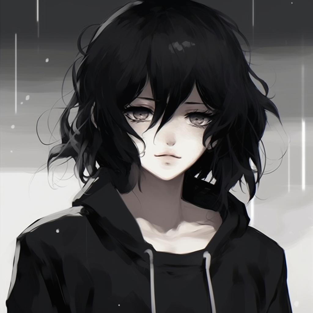 Anime character featuring grunge aesthetic elements, distinct textures and shading. unique emo anime pfp