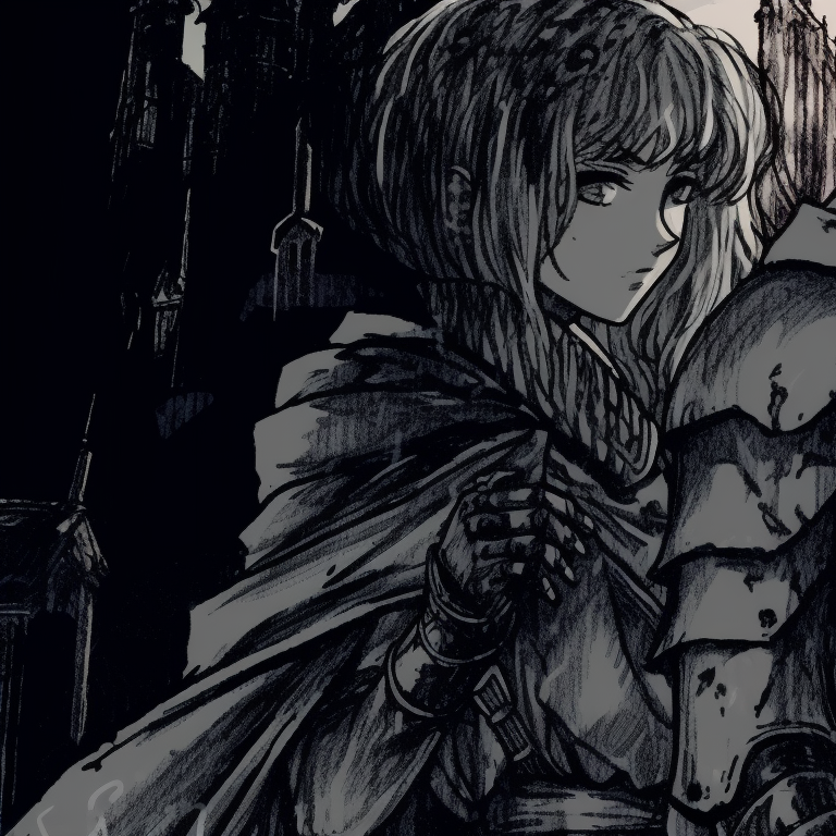 Two characters emerging from the shadows, strong outlines and contrast, gaze fixed on the distant threat. berserk inspired halloween aesthetics pfps pfp for discord.