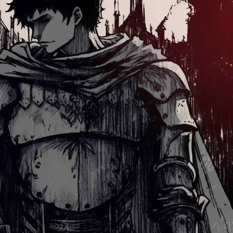 Two characters emerging from the shadows, strong outlines and contrast, gaze fixed on the distant threat. berserk inspired halloween aesthetics pfps pfp for discord.