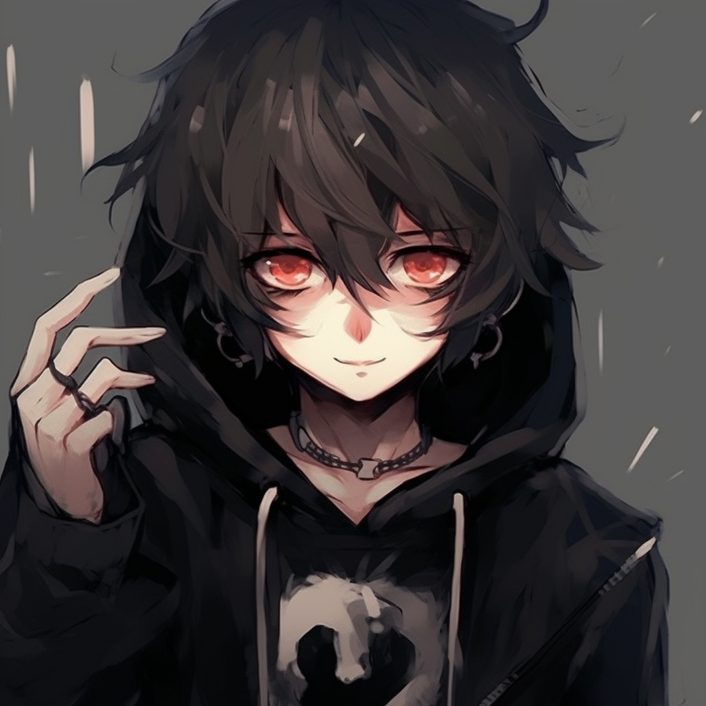 Anime character in emo attire, with visible hair under a hoodie and glassy eyes. mysterious emo anime pfp