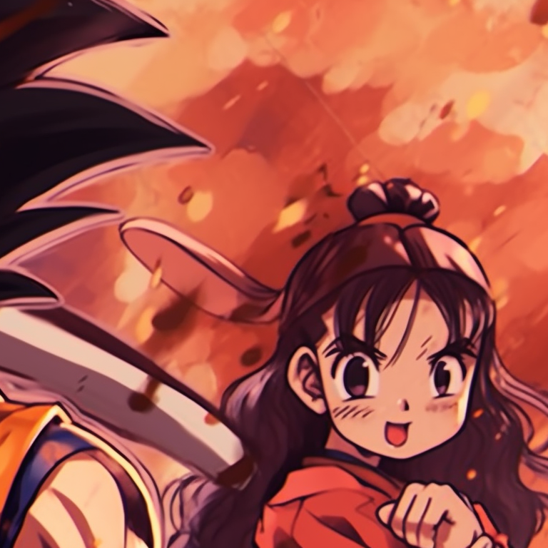 Two characters sharing a gentle moment, soft pastel colors, set against a tranquil backdrop. goku and chichi matching portraits pfp for discord.
