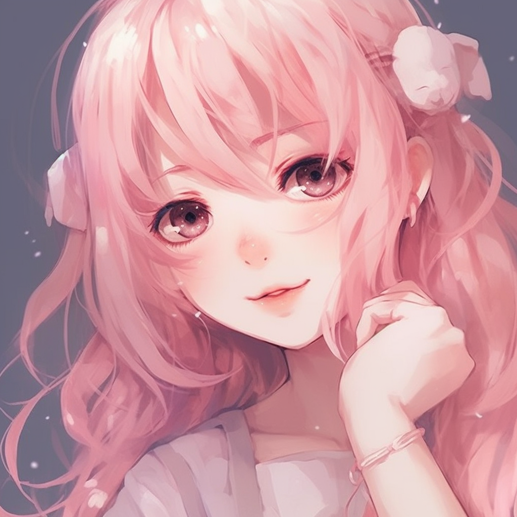 Anime girl with ethereal appeal, intricate details on her costume and delicate pink background. stunning pfp pink anime girl art pfp for discord.