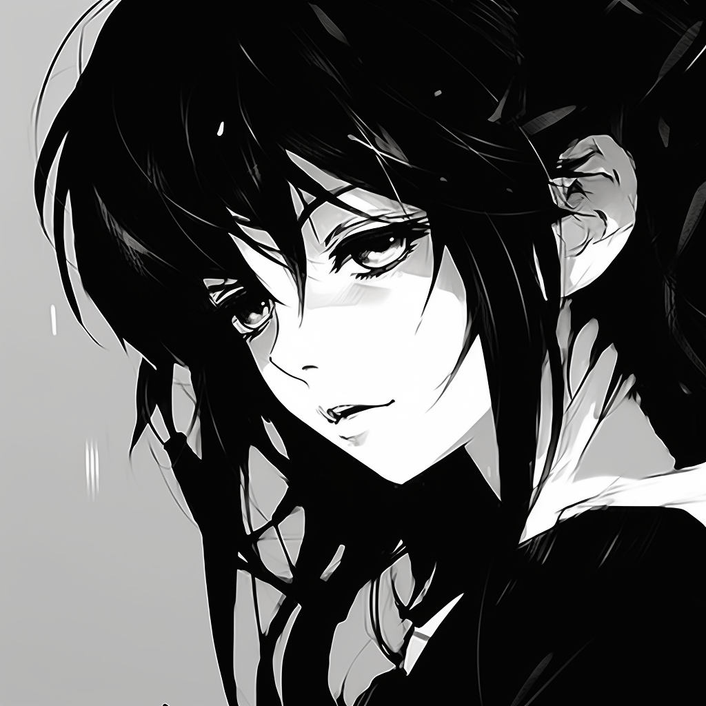 Seductive female character with flowing monochrome hair, detail emphasizes anime features. black and white anime female profile picture