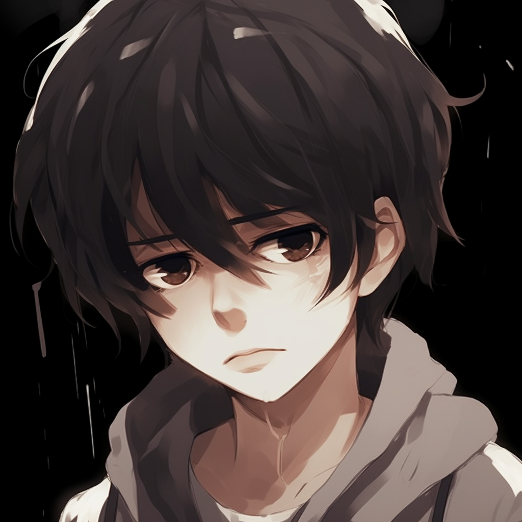 Anime protagonist standing in the rain, great use of highlights and shadow to depict the ongoing downpour. adorable sad anime pfpHD, free download