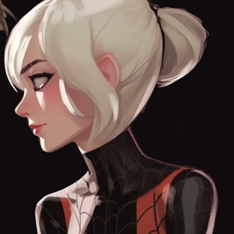 Detailed costumes and cityscape background, Miles grinning, Gwen firm and ready. story behind miles and gwen matching pfp pfp for discord.