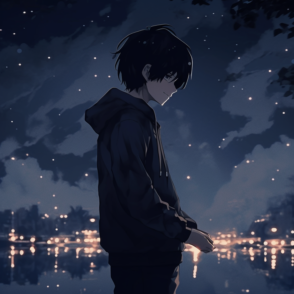 Male anime character overlooking cityscape, detailed metropolis backdrop and thoughtful expression. aesthetic anime pfp wallpapers pfp for discord.