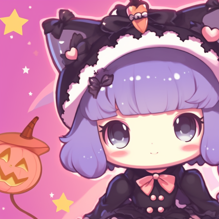 Close-up of Melody and Kuromi, high contrast and detail featuring pumpkin accessories. halloween themed melody and kuromi matching pfps pfp for discord.