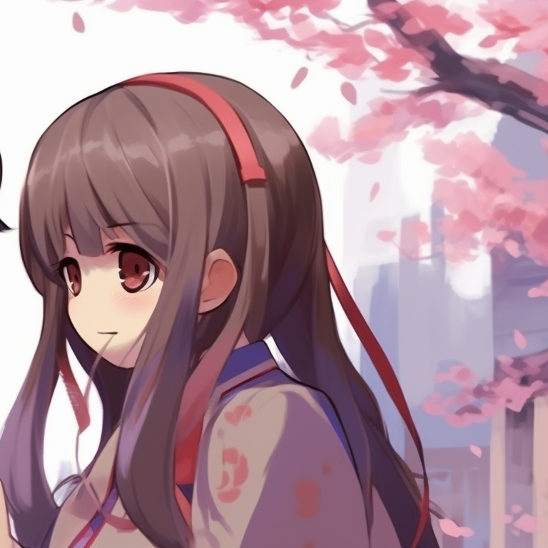 Two characters under cherry blossom trees, in traditional outfits, gazing at each other. girl x girl cute matching pfp pfp for discord.