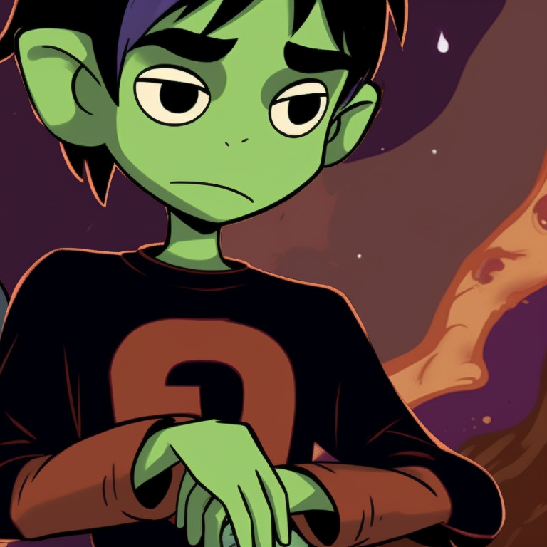 Beastboy and Raven sharing a spooky story, ambient light creating a dramatic effect. beastboy and raven matching pfp in halloween theme sleepover pfp for discord.
